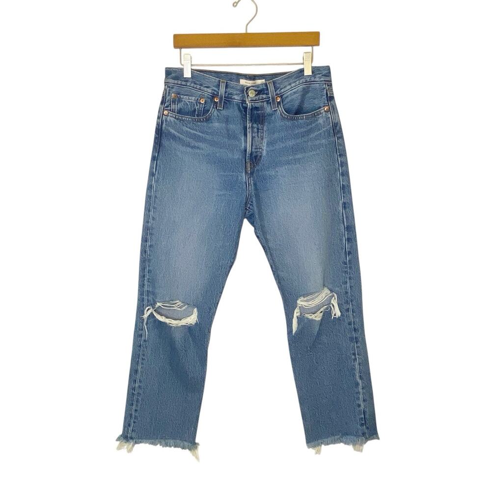 Levis Jeans Womens 28 Wedgie Straight‎ Blue Denim Button Fly Distressed Raw Cuff